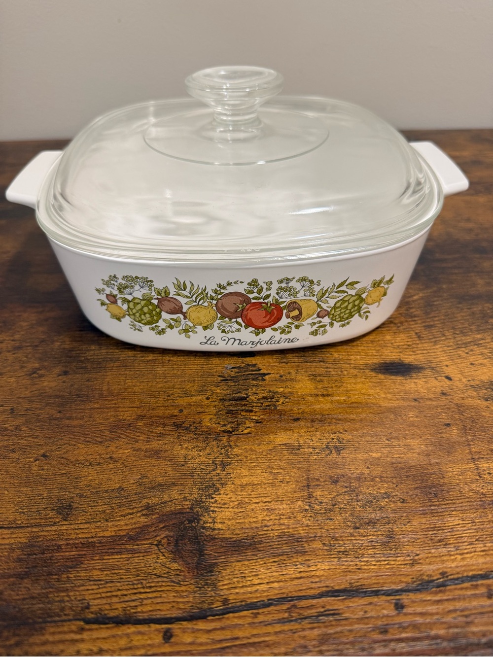 Corningware White Casserole Dish with Vegetable Motif and Glass Lid